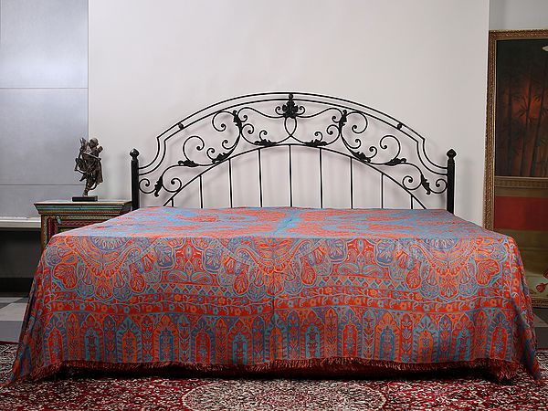 Exotic India Multicolor Reversible Jamawar Queen Size Bedsheet With Woven Bold Paisley-Floral Pattern 