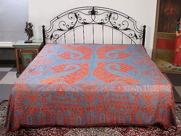 exotic india Multicolor Reversible Jamawar Queen Size Bedsheet With Woven Bold Paisley-Floral Pattern