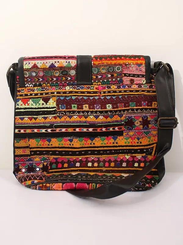 Exotic India Multicolor Sequins-Mirror Work Boho Cross Bag With All-Over Antique Rabari Embroidery 
