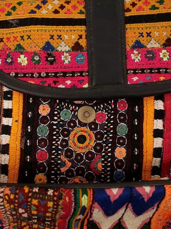 Exotic India Multicolor Sequins-Mirror Work Boho Cross Bag With All-Over Antique Rabari Embroidery 