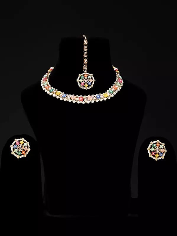 Exotic India Multicolor Stone Choker With Earrings And Mangtika Set