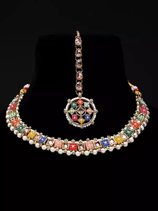Exotic India Multicolor Stone Choker With Earrings And Mangtika Set
