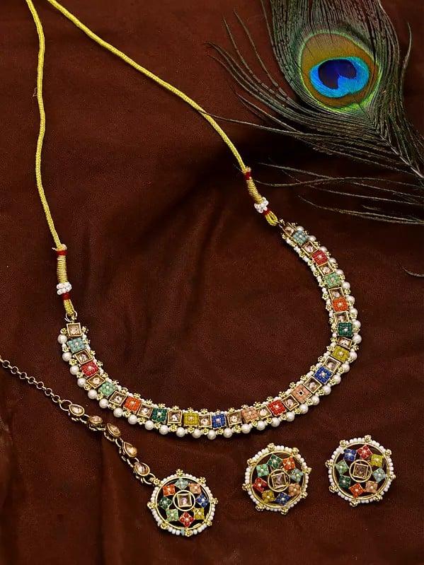 exotic india Multicolor Stone Choker with Earrings and Mangtika Set