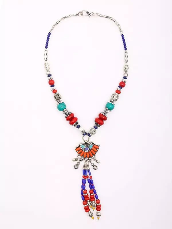 Exotic India Multicolor Stone Studded And Beaded Tibetan Style Long Necklace 