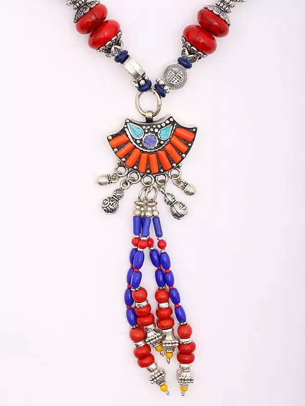 Exotic India Multicolor Stone Studded And Beaded Tibetan Style Long Necklace 