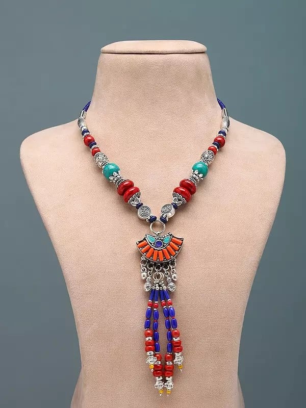 exotic india Multicolor Stone Studded and Beaded Tibetan Style Long Necklace 