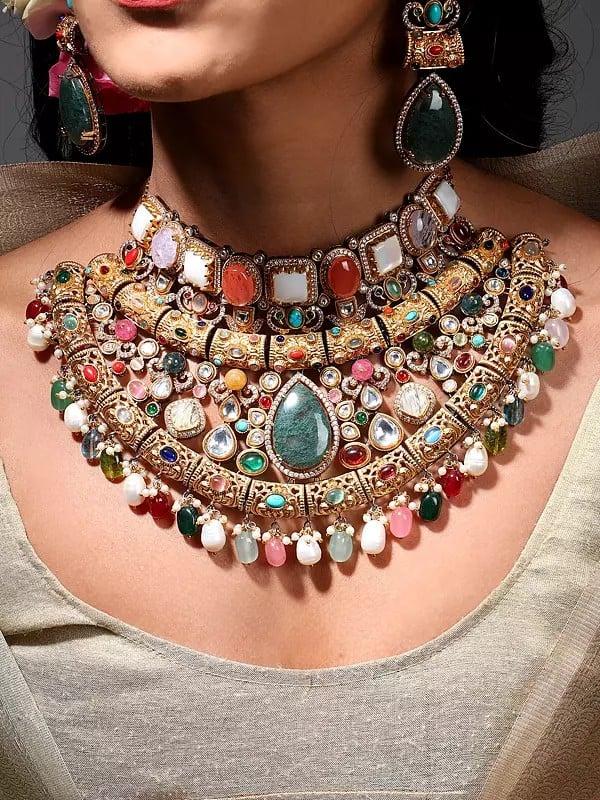 Exotic India Multicolor Stone Studded Choker And Earrings Set With Drop Beads 