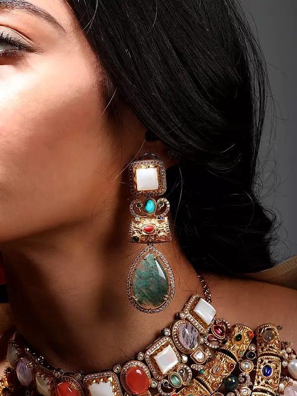 Exotic India Multicolor Stone Studded Choker And Earrings Set With Drop Beads 