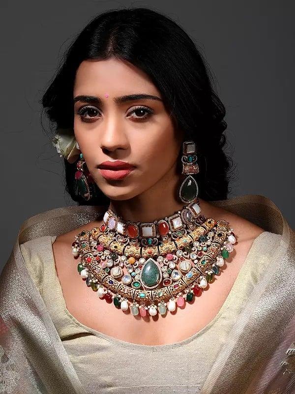 exotic india Multicolor Stone Studded Choker and Earrings Set with Drop Beads 