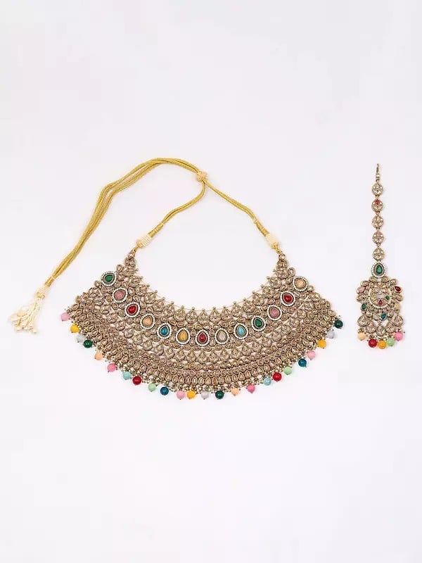 Exotic India Multicolor Stone Studded Choker Necklace Set With Earrings And Mangtika 