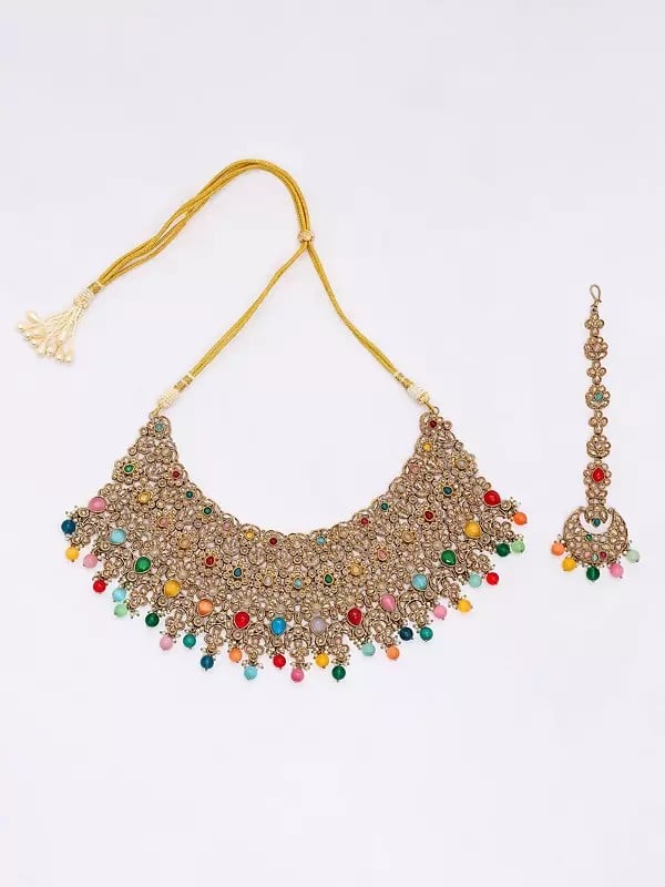 Exotic India Multicolor Stone Studded Choker Necklace Set With Earrings And Mangtika