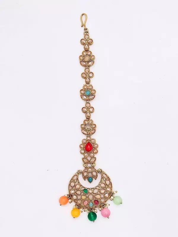 Exotic India Multicolor Stone Studded Choker Necklace Set With Earrings And Mangtika