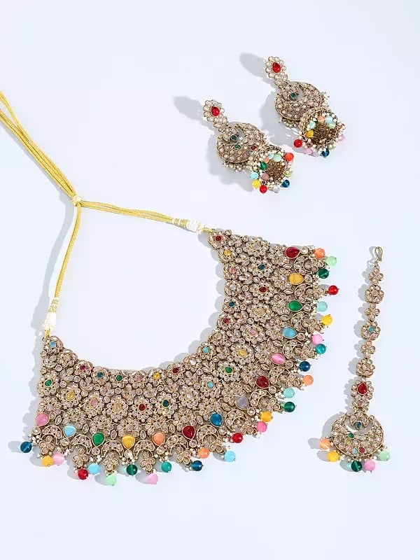 exotic india Multicolor Stone Studded Choker Necklace Set with Earrings and Mangtika 