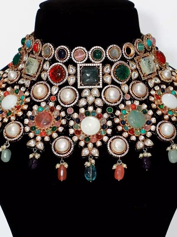 Exotic India Multicolor Stone Studded Choker Necklace Set With Earrings