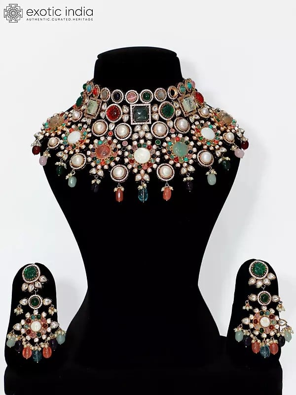 exotic india Multicolor Stone Studded Choker Necklace Set With Earrings 