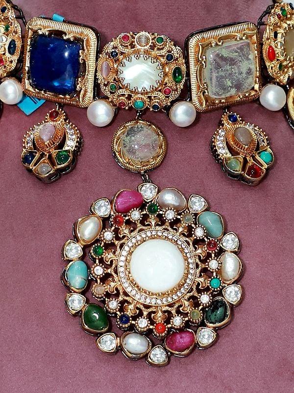 Exotic India Multicolor Stone Studded Choker Necklace Set With Earrings | Indian Fashion Jewelry