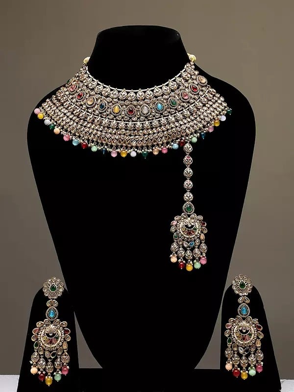 exotic india Multicolor Stone Studded Choker Necklace Set with Earrings and Mangtika 
