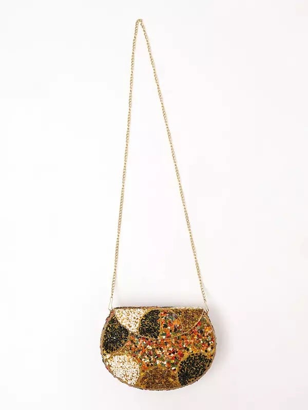Exotic India Multicolor Stone Studded Clutch Hand Bag With Detachable Chain Strap 