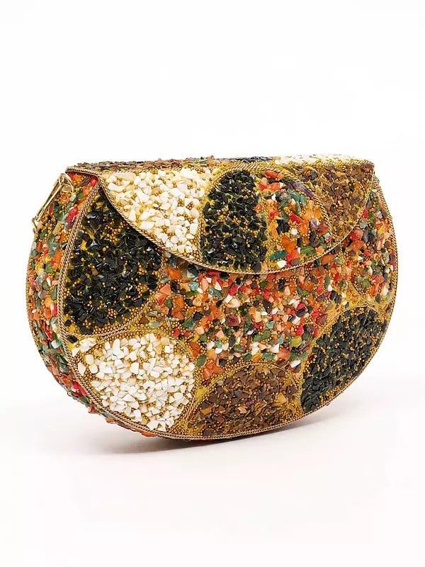 Exotic India Multicolor Stone Studded Clutch Hand Bag With Detachable Chain Strap 