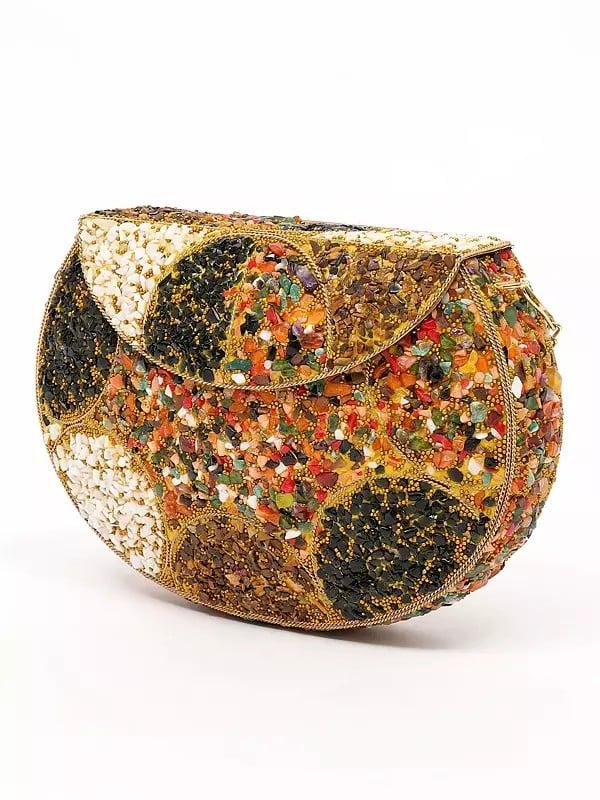 Exotic India Multicolor Stone Studded Clutch Hand Bag With Detachable Chain Strap 