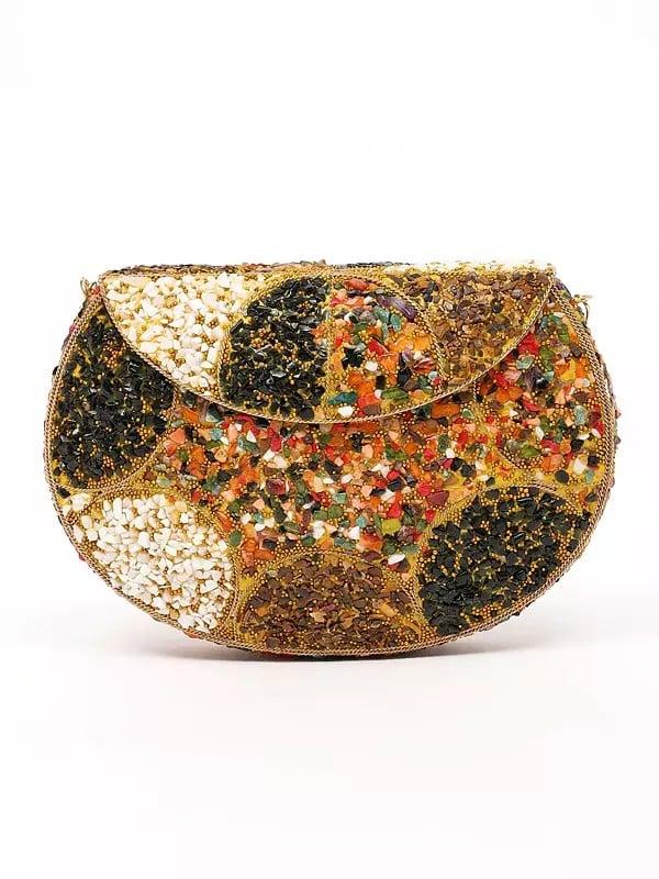 exotic india Multicolor Stone Studded Clutch Hand Bag with Detachable Chain Strap 
