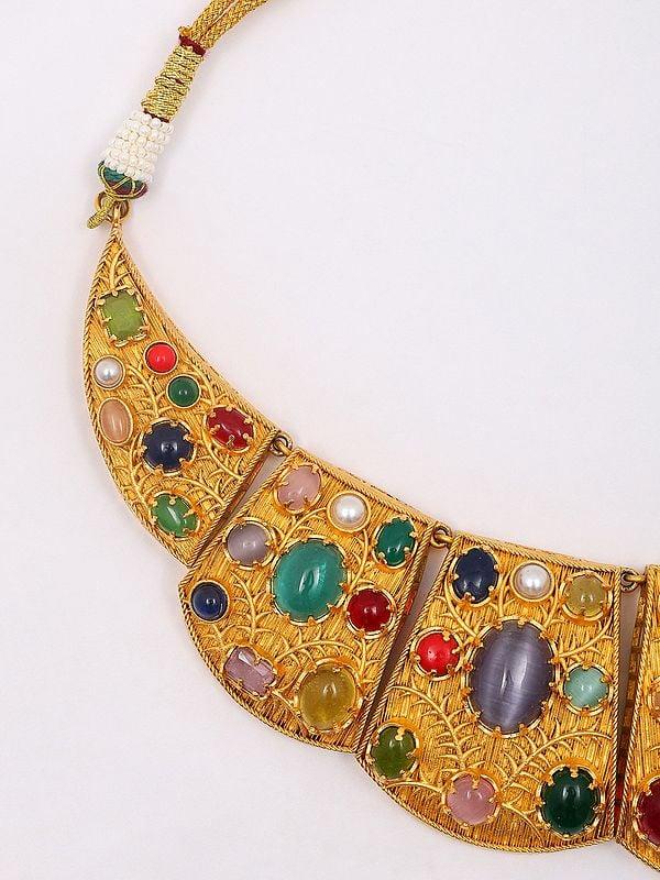 Exotic India Multicolor Stone Studded Collar Necklace Set With Earrings 