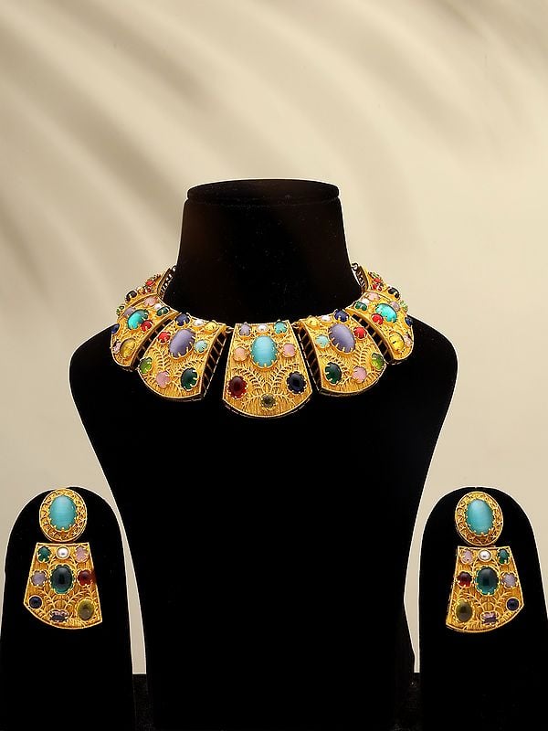 exotic india Multicolor Stone Studded Collar Necklace Set with Earrings 