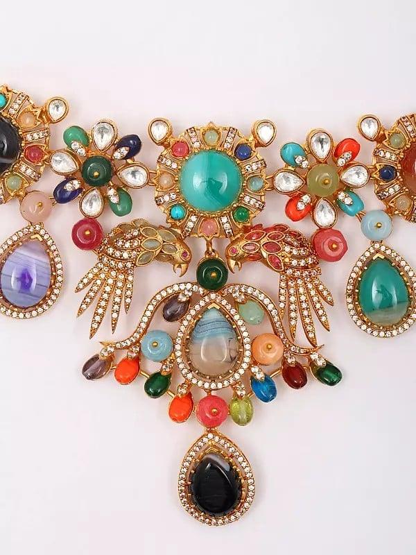 Exotic India Multicolor Stone Studded Designer Necklace And Earrings Set 