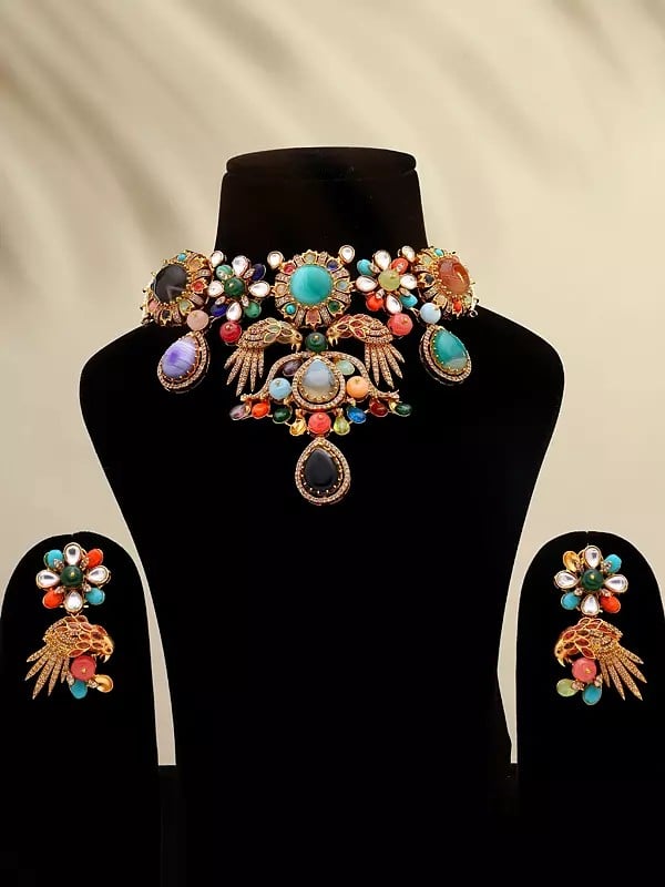 exotic india Multicolor Stone Studded Designer Necklace and Earrings Set 
