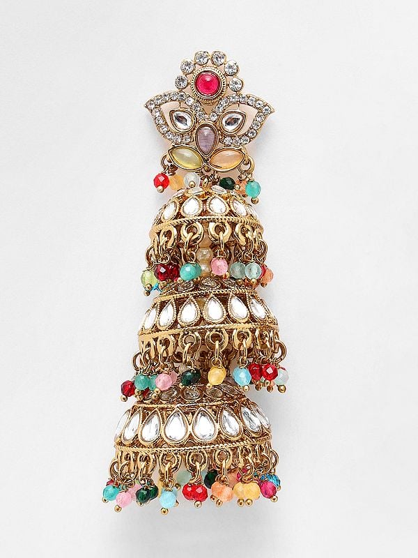 Exotic India Multicolor Stone Studded Dome Shaped Triple Layer Jhumka 