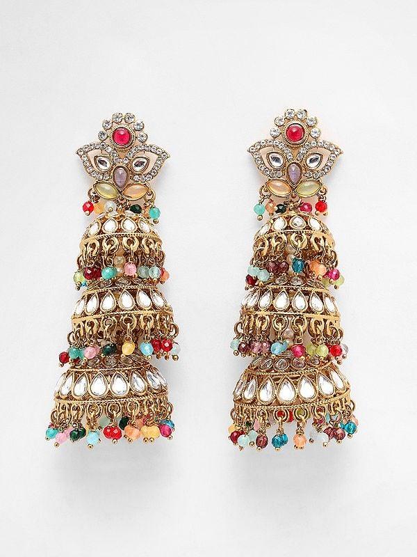 exotic india Multicolor Stone Studded Dome Shaped Triple Layer Jhumka 