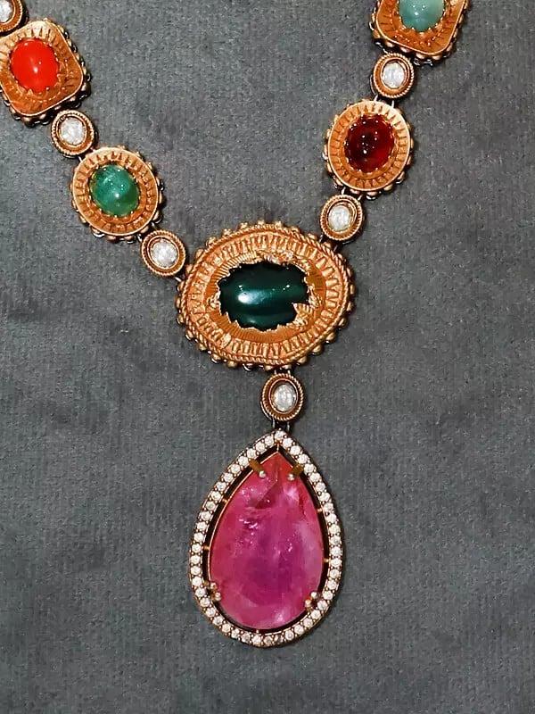 Exotic India Multicolor Stone Studded Embellished Necklace Set With Earrings