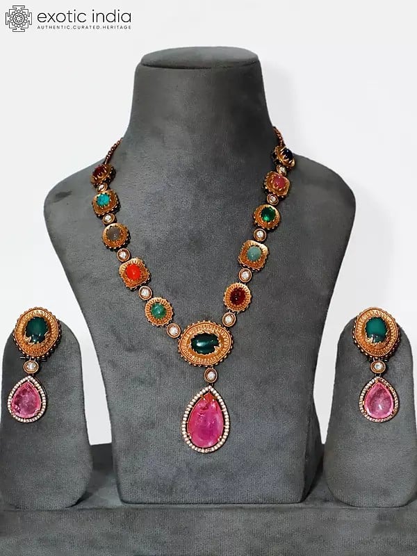 exotic india Multicolor Stone Studded Embellished Necklace Set With Earrings 