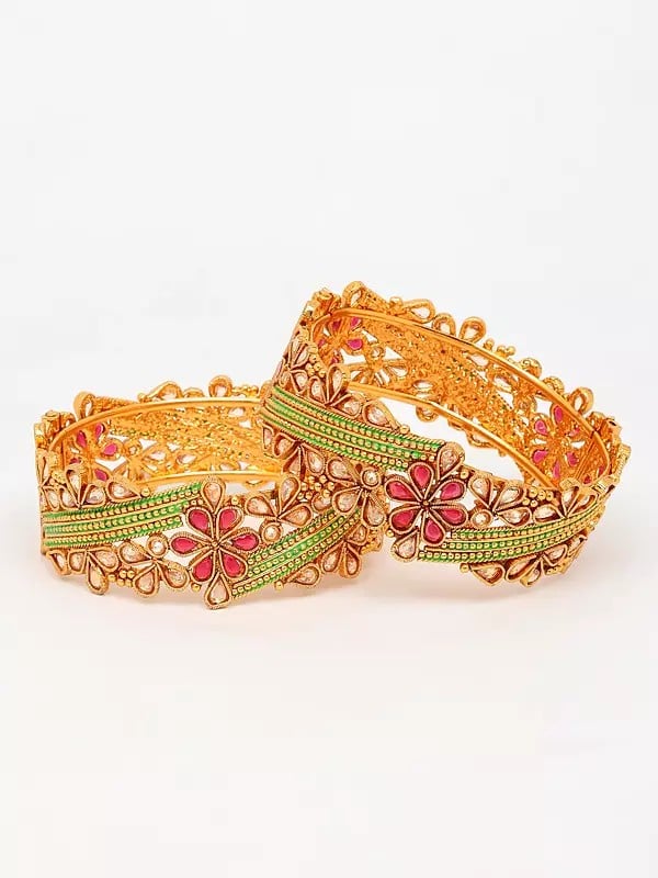 Exotic India Multicolor Stone Studded Floral Design Openable Bangles