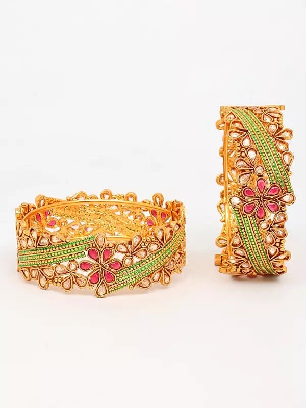 Exotic India Multicolor Stone Studded Floral Design Openable Bangles