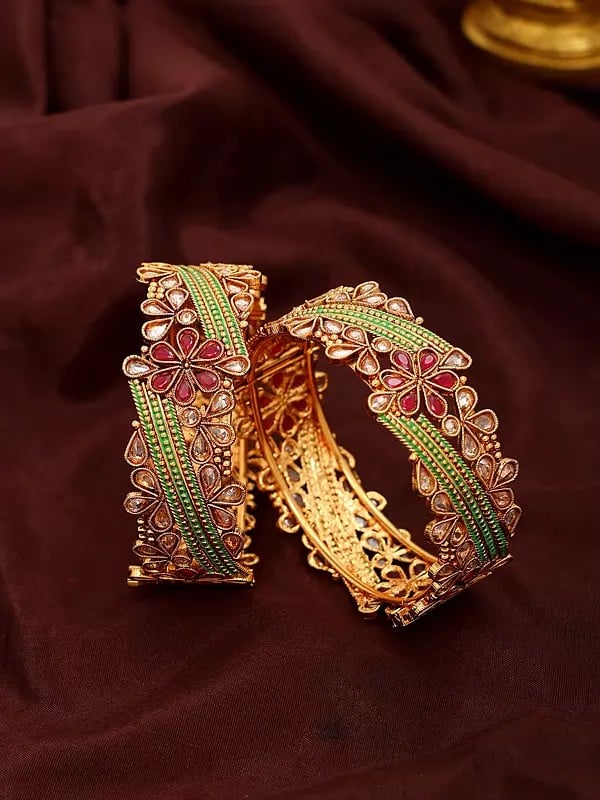 exotic india Multicolor Stone Studded Floral Design Openable Bangles 