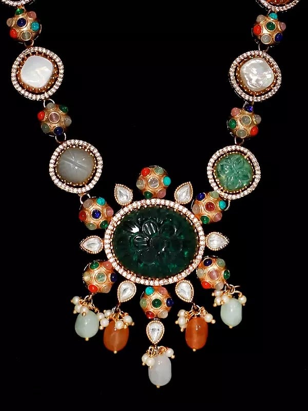Exotic India Multicolor Stone Studded Long Necklace Set With Earrings 