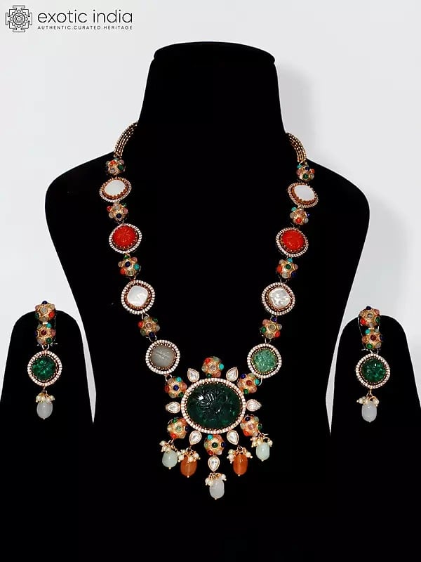 exotic india Multicolor Stone Studded Long Necklace Set with Earrings