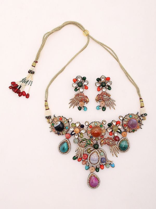 Exotic India Multicolor Stone Studded Necklace And Earrings Set 