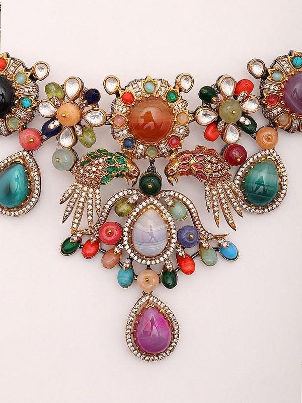 Exotic India Multicolor Stone Studded Necklace And Earrings Set 