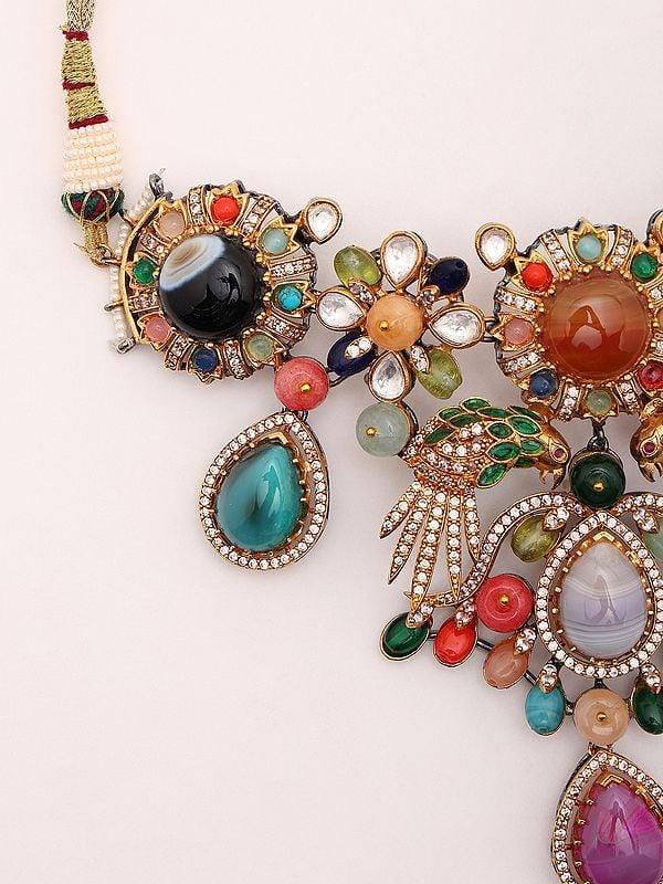 Exotic India Multicolor Stone Studded Necklace And Earrings Set 