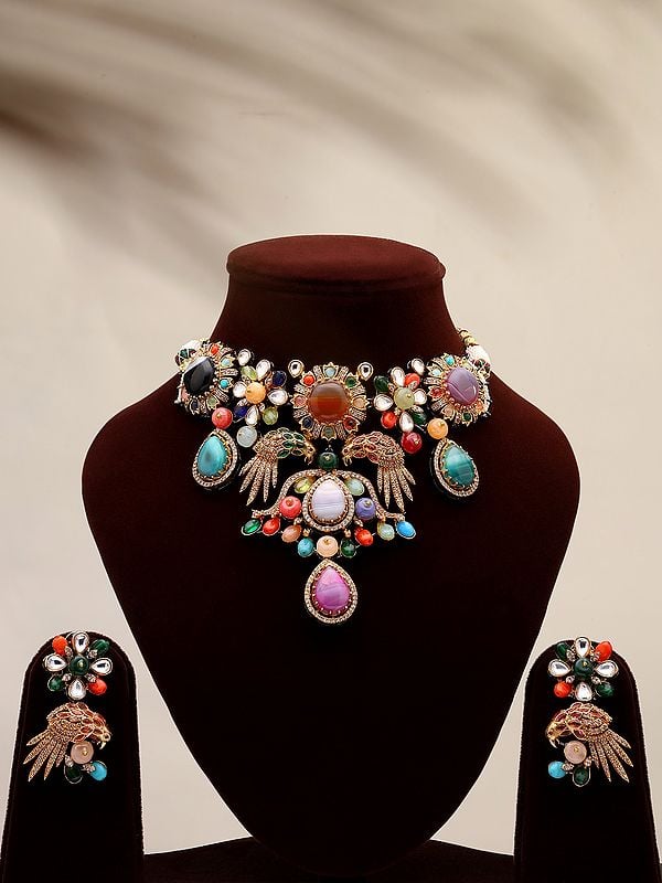 exotic india Multicolor Stone Studded Necklace and Earrings Set 