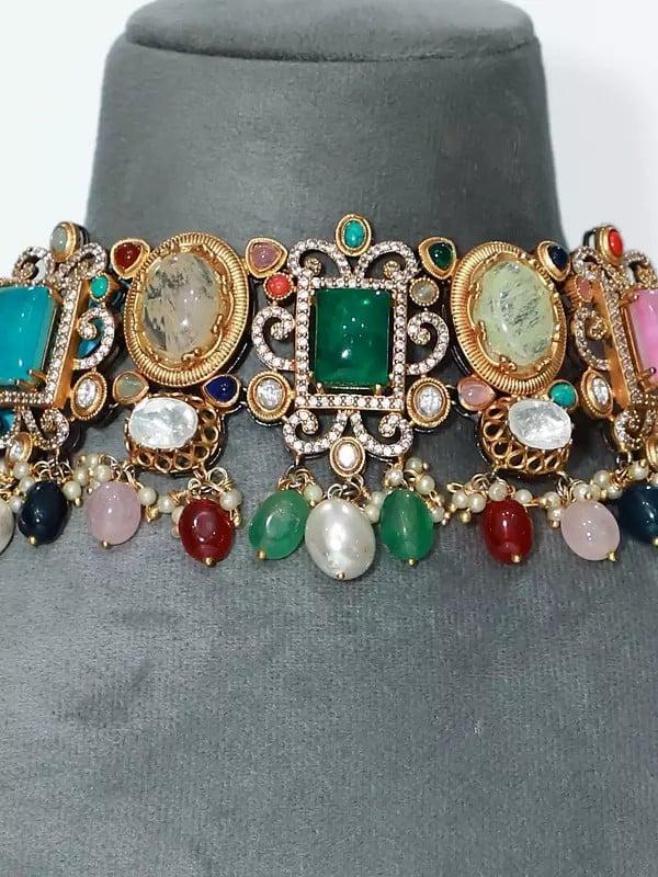 Exotic India Multicolor Stone Studded Necklace Set With Designer Earrings