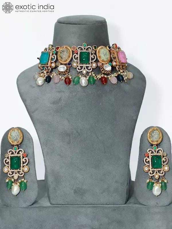 exotic india Multicolor Stone Studded Necklace Set With Designer Earrings