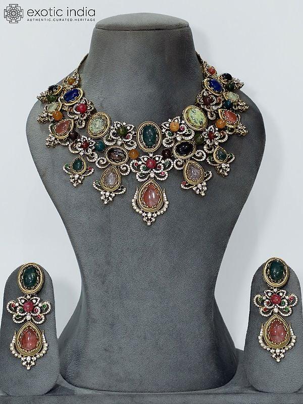 exotic india Multicolor Stone Studded Necklace Set With Earrings | Indian Fashion Jewelry 