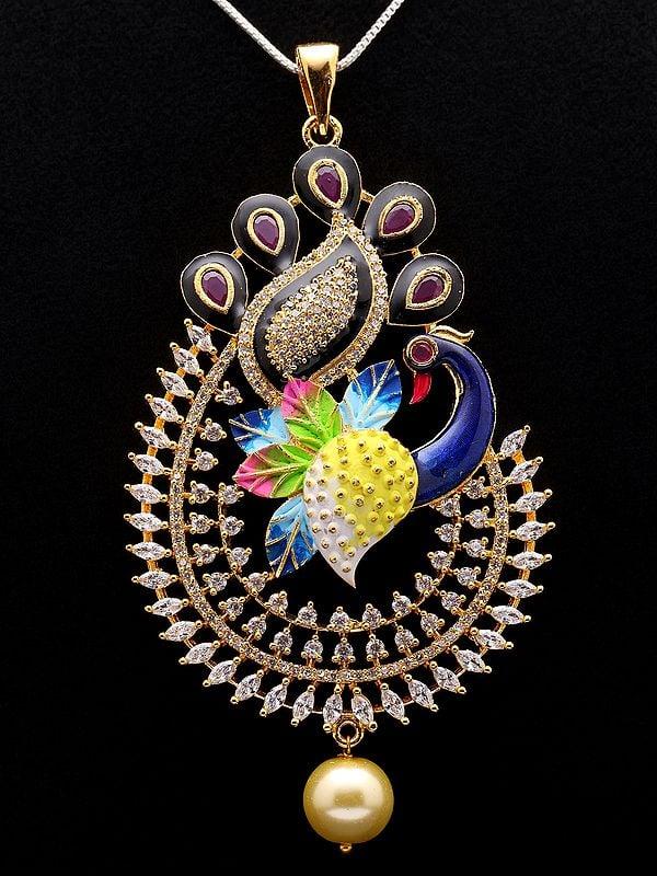 Exotic India Multicolor Stone Studded Peacock Pendant And Earrings Set With Pearl Drop 