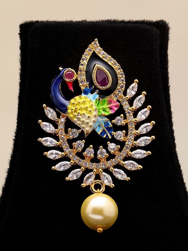 Exotic India Multicolor Stone Studded Peacock Pendant And Earrings Set With Pearl Drop 