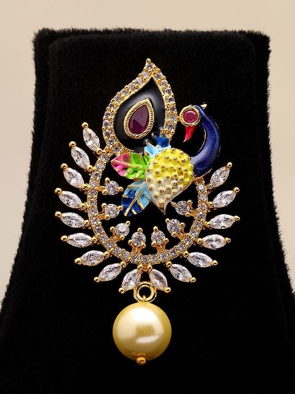 Exotic India Multicolor Stone Studded Peacock Pendant And Earrings Set With Pearl Drop 
