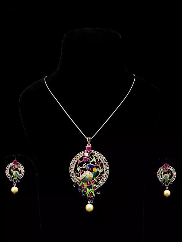 Exotic India Multicolor Stone Studded Peacock Pendant And Earrings Set With Pearl Drop