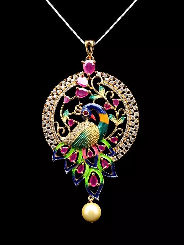 Exotic India Multicolor Stone Studded Peacock Pendant And Earrings Set With Pearl Drop